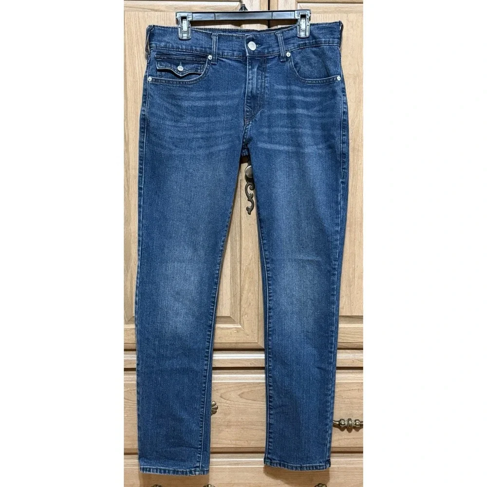 True Religion Jeans Rocco Big T Flap Skinny Mens Size 31 Blue Denim Dark Wash